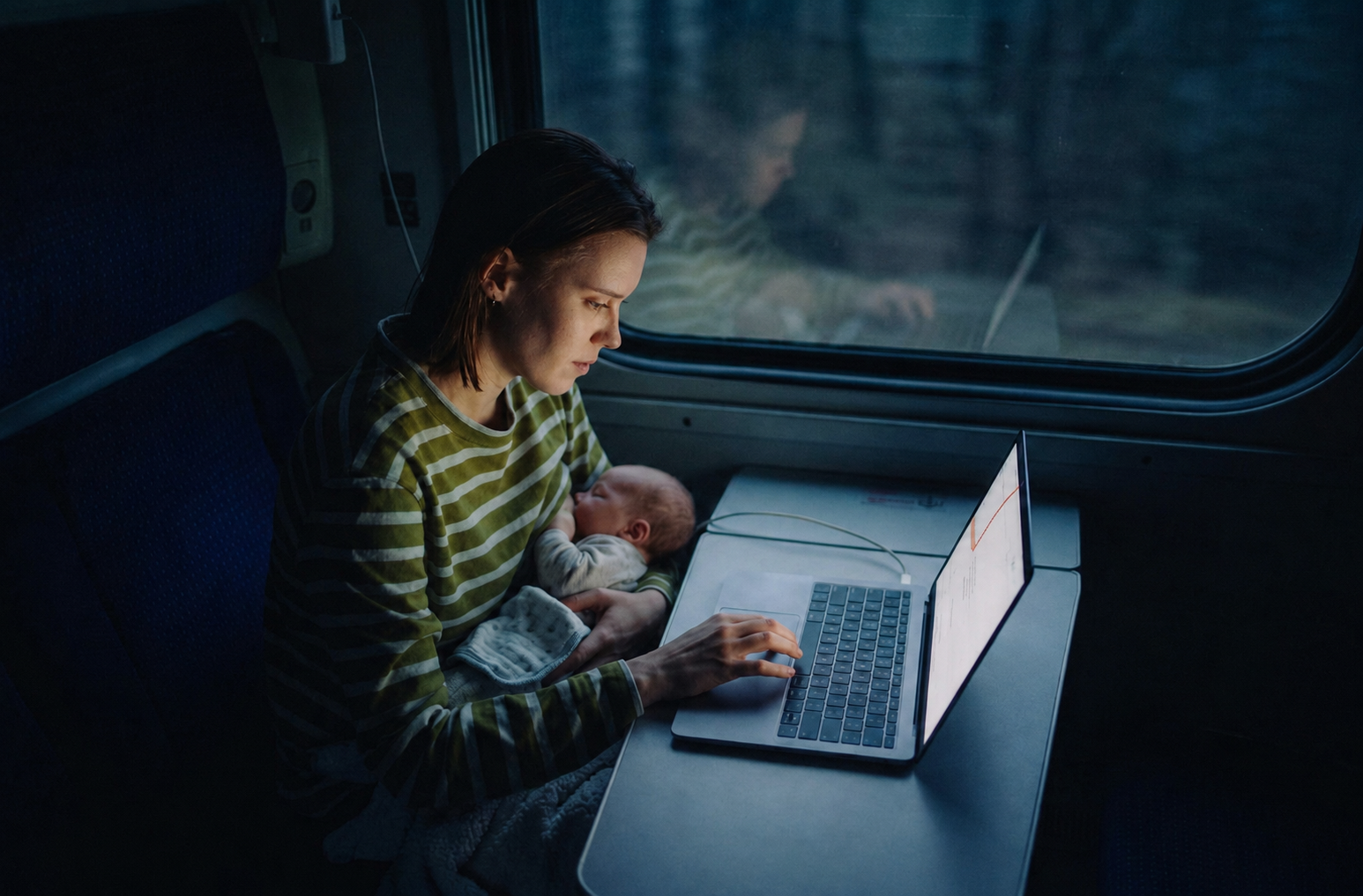 Working mother holding baby while at laptop